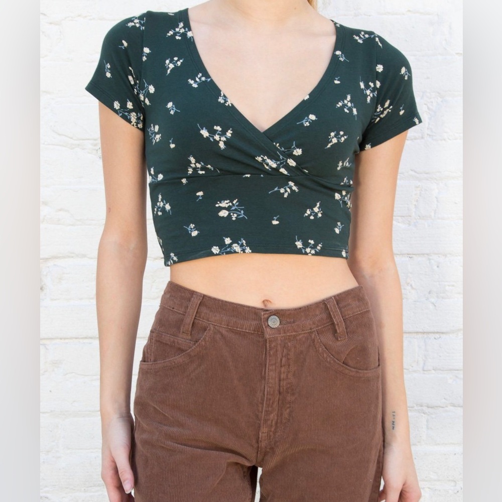Brandy Melville Amara Green Floral Print Wrap Cropped Top